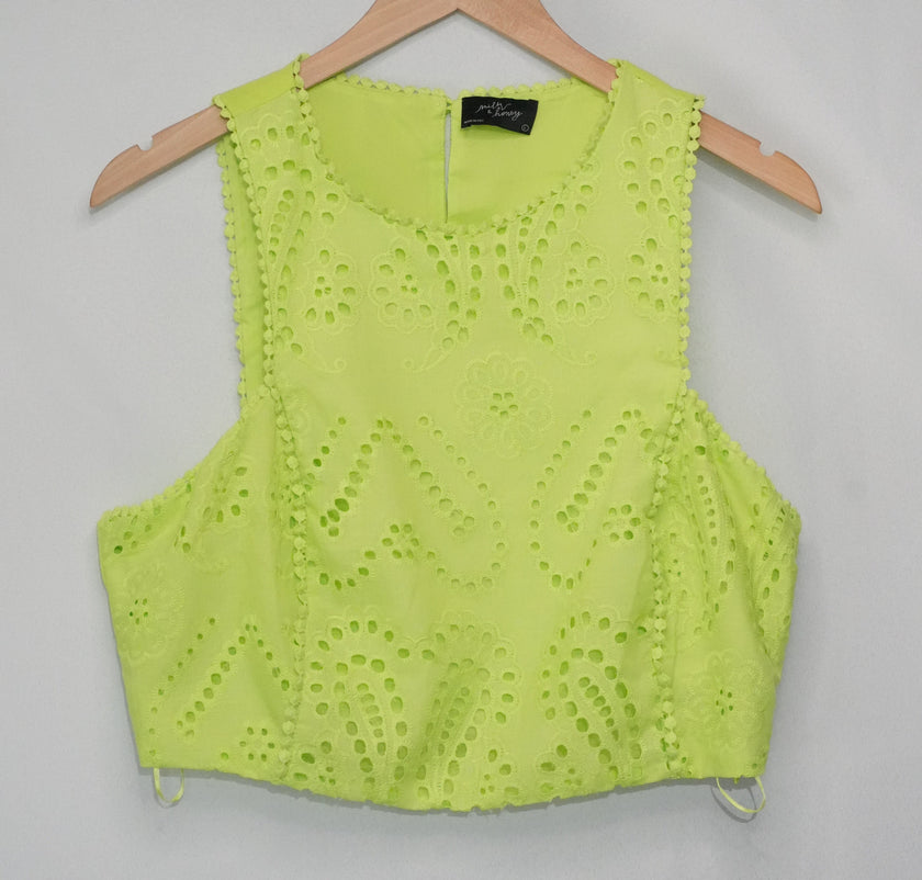 Milk & Honey Crop Top Women Large Lime Green Eyelet Embroidered Pom Pom Trim