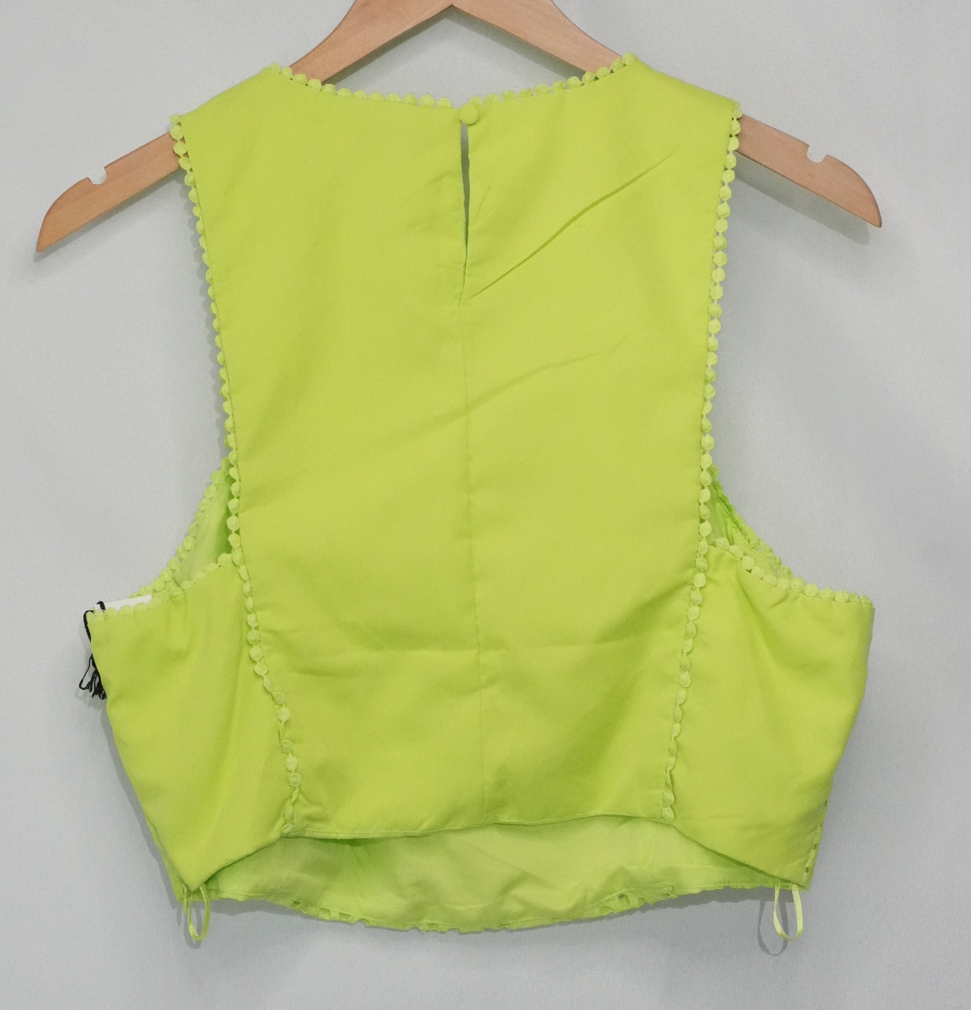 Milk & Honey Crop Top Women Large Lime Green Eyelet Embroidered Pom Pom Trim