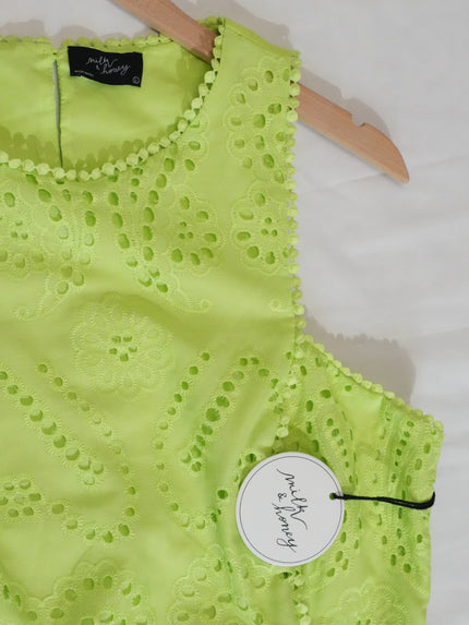 Milk & Honey Crop Top Women Large Lime Green Eyelet Embroidered Pom Pom Trim