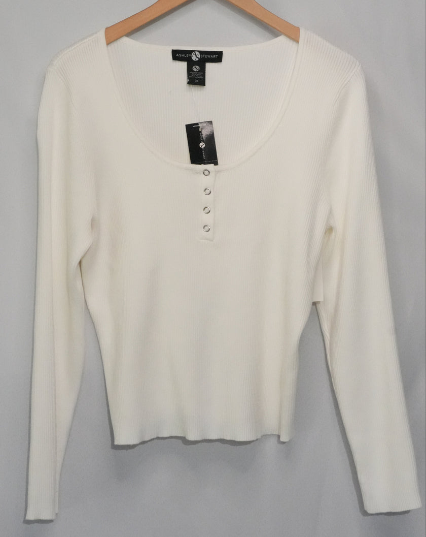 Ashley Stewart Knit Top Women Size 2X White Ribbed Long Sleeve Snap Neck