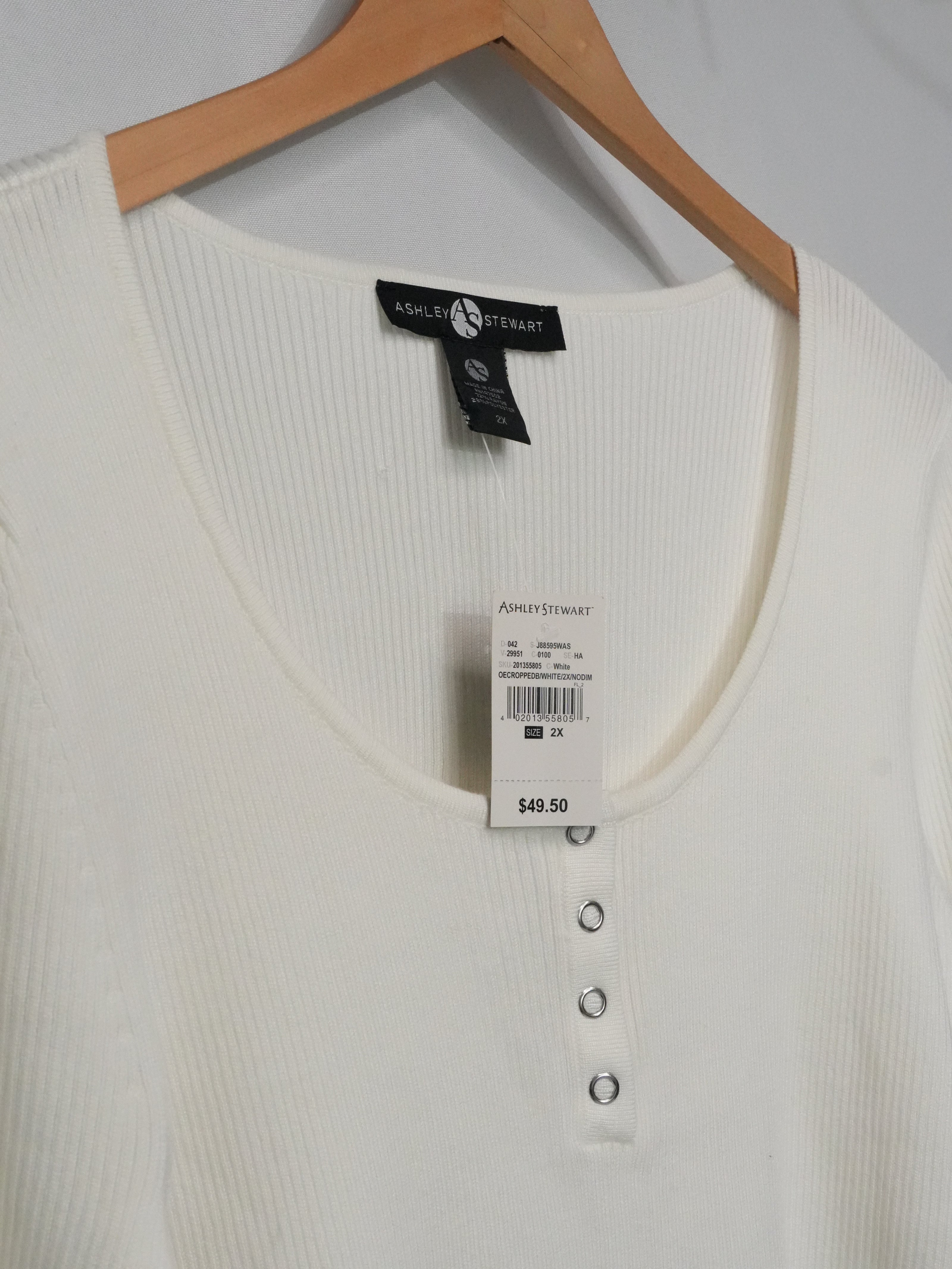 Ashley Stewart Knit Top Women Size 2X White Ribbed Long Sleeve Snap Neck