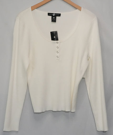 Ashley Stewart Knit Top Women Size 2X White Ribbed Long Sleeve Snap Neck