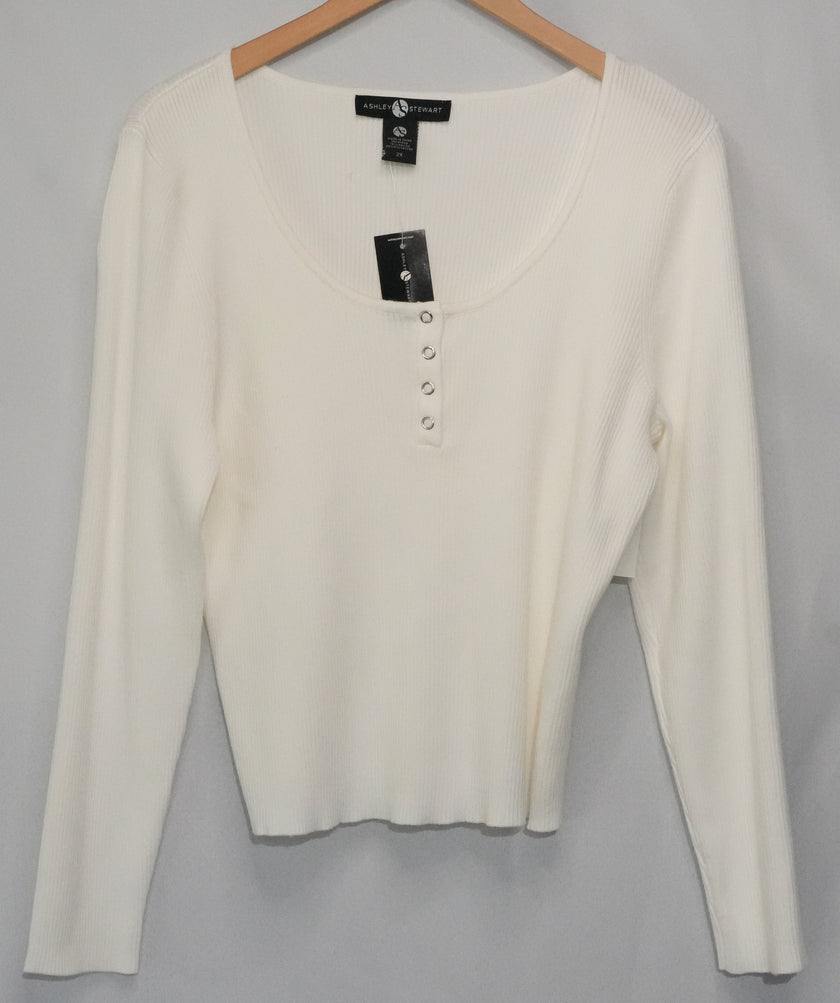 Ashley Stewart Knit Top Women Size 2X White Ribbed Long Sleeve Snap Neck