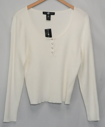 Ashley Stewart Knit Top Women Size 2X White Ribbed Long Sleeve Snap Neck