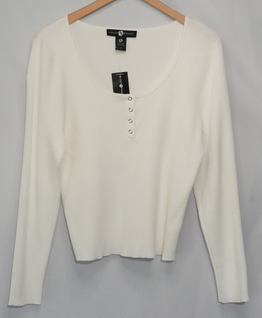 Ashley Stewart Knit Top Women Size 2X White Ribbed Long Sleeve Snap Neck