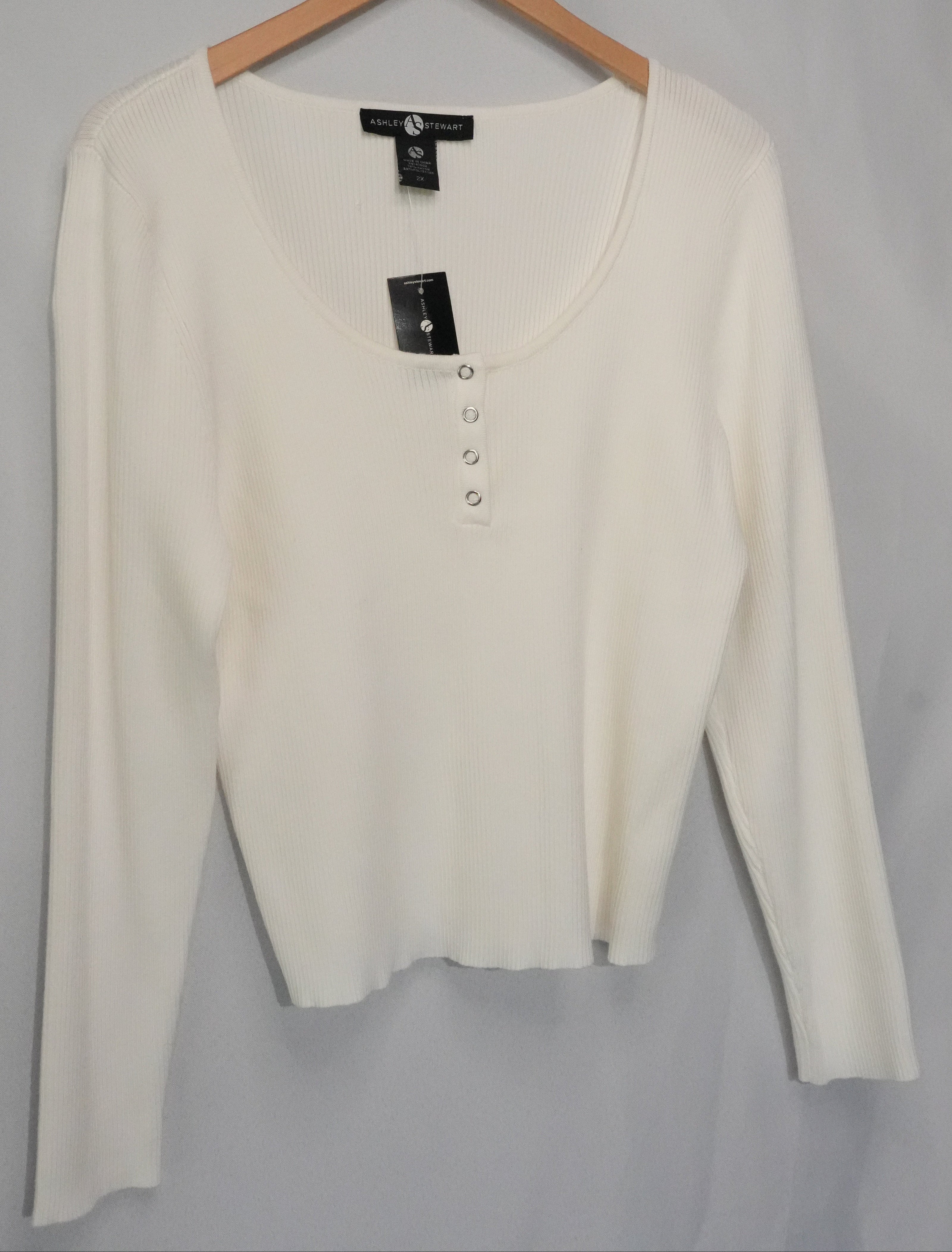 Ashley Stewart Knit Top Women Size 2X White Ribbed Long Sleeve Snap Neck