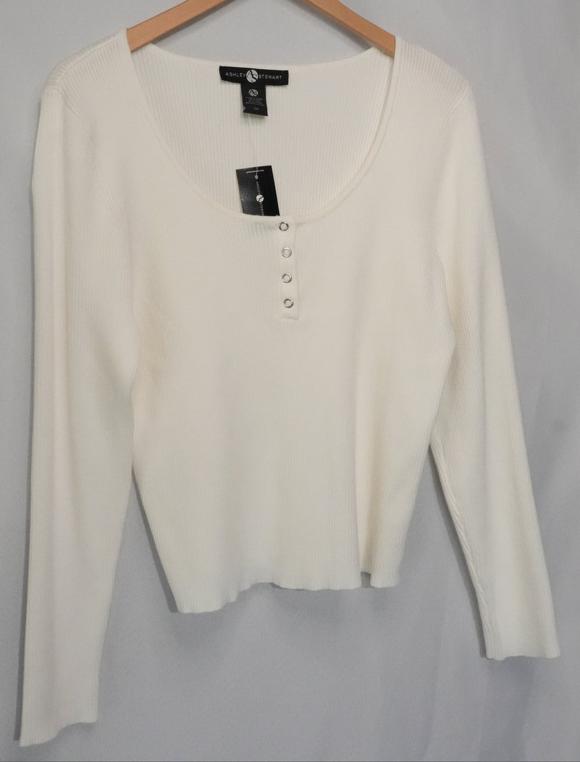 Ashley Stewart Knit Top Women Size 2X White Ribbed Long Sleeve Snap Neck