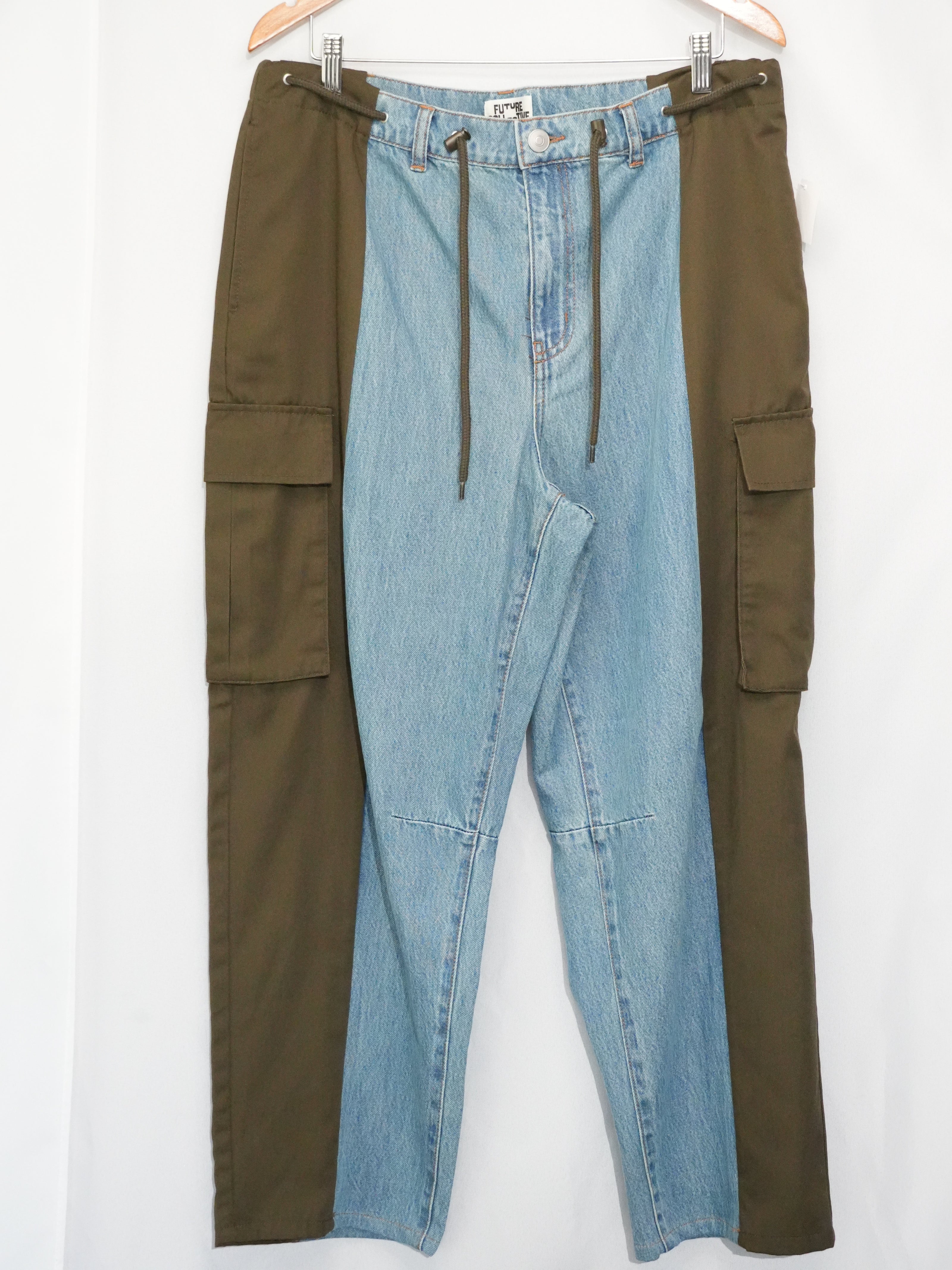 Future Collective Cargo Pants Women Size 14 Blue Olive Colorblock Mixed Media