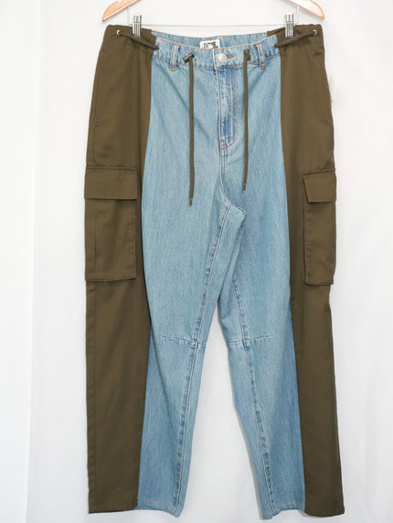 Future Collective Cargo Pants Women Size 14 Blue Olive Colorblock Mixed Media