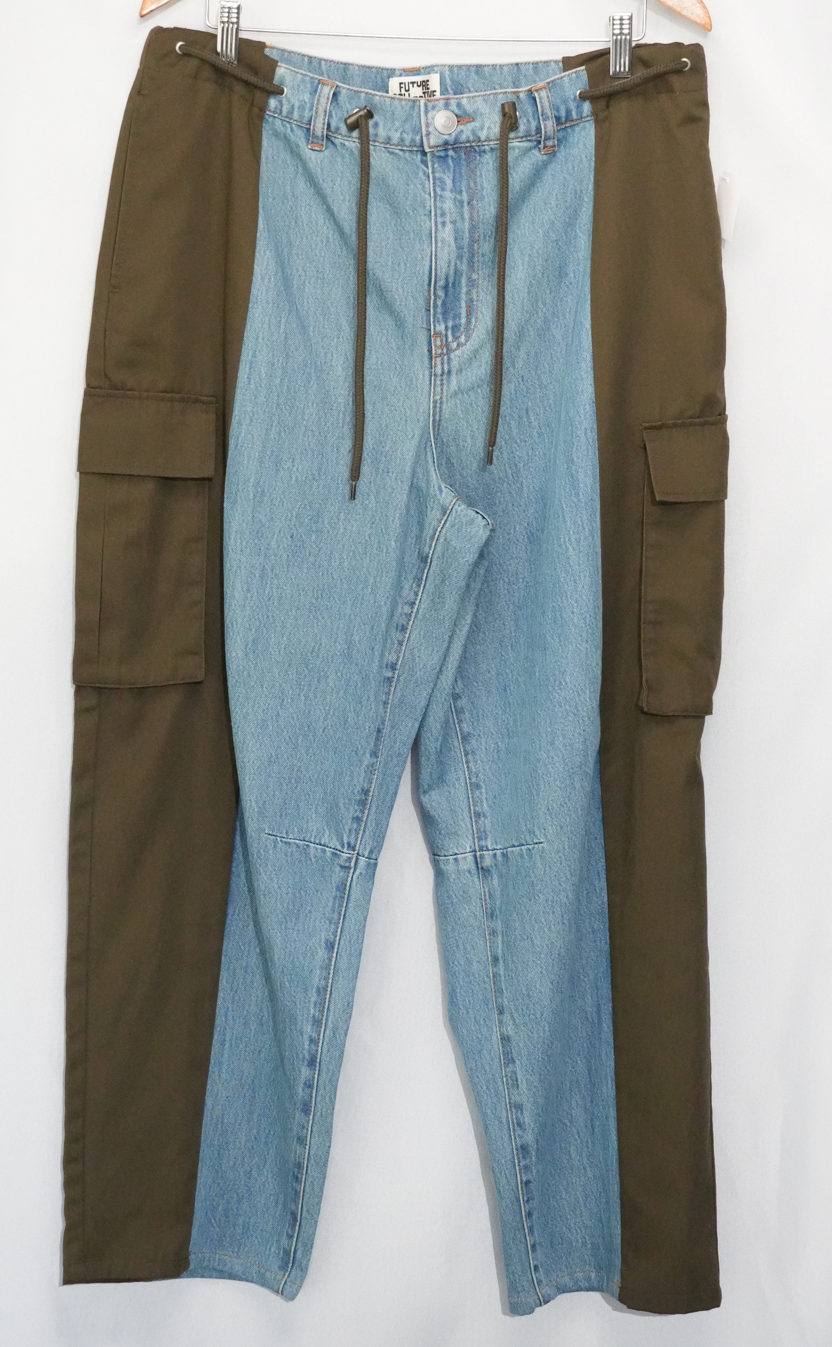 Future Collective Cargo Pants Women Size 14 Blue Olive Colorblock Mixed Media