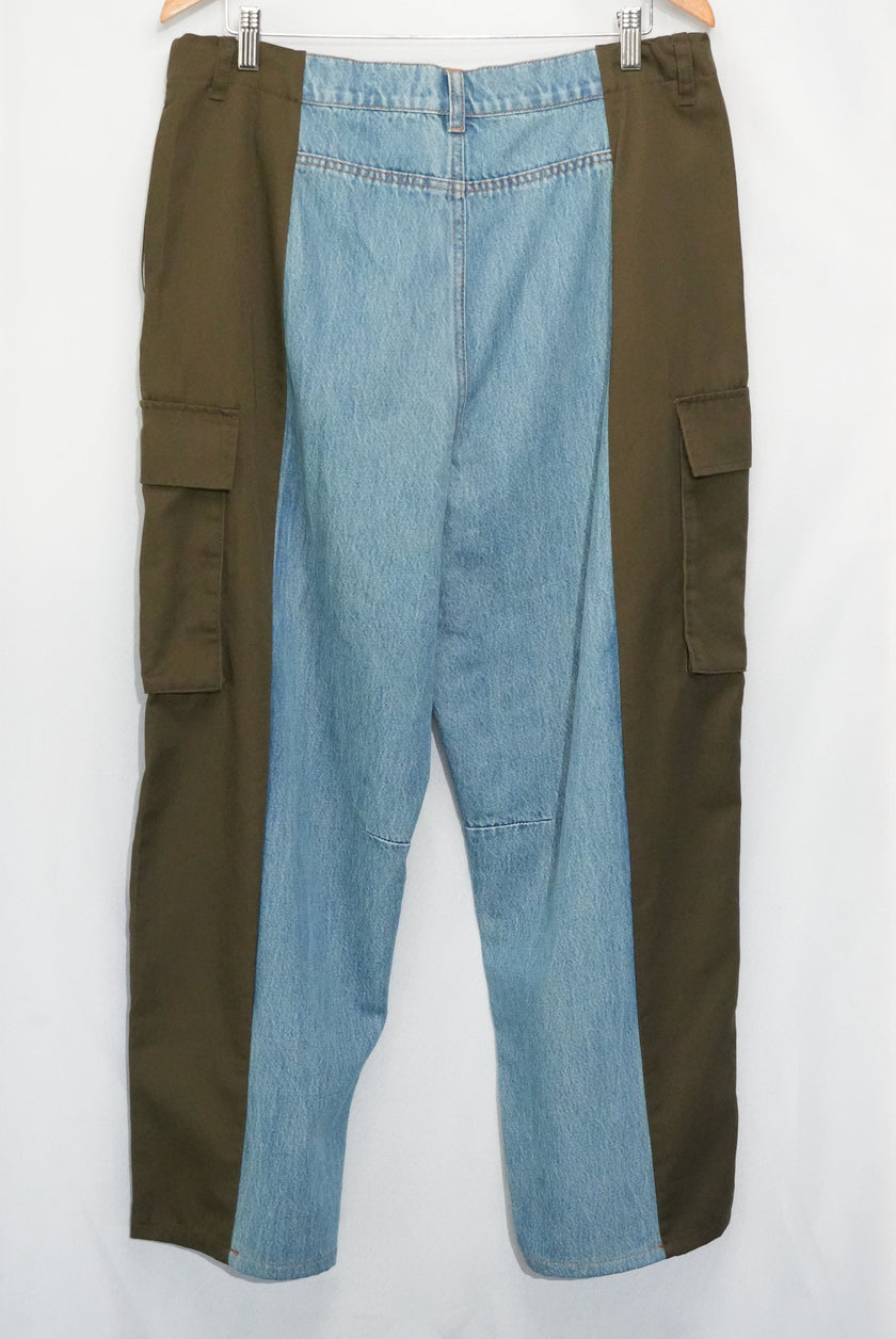Future Collective Cargo Pants Women Size 14 Blue Olive Colorblock Mixed Media