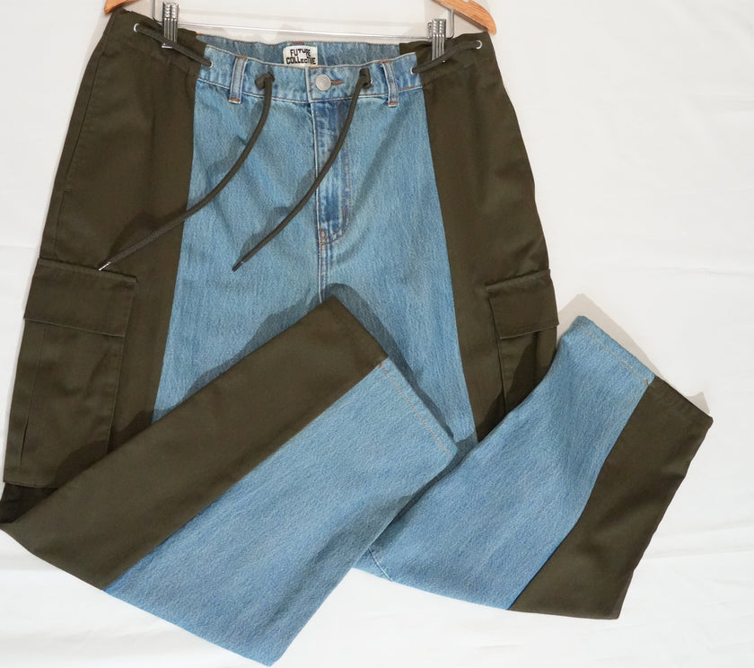 Future Collective Cargo Pants Women Size 14 Blue Olive Colorblock Mixed Media