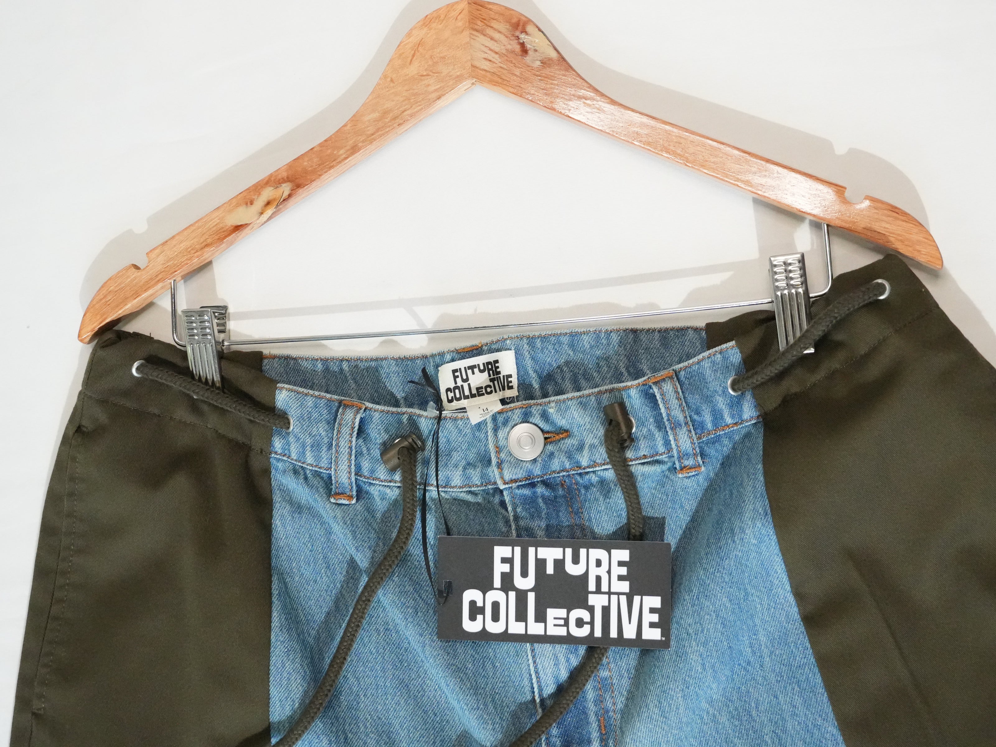 Future Collective Cargo Pants Women Size 14 Blue Olive Colorblock Mixed Media