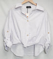 Cider Button Up Shirt Womens Large Lavender White Striped Twist Front Roll Tab