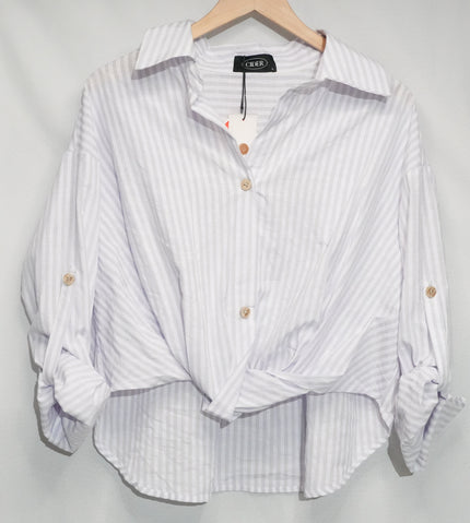 Cider Button Up Shirt Womens Large Lavender White Striped Twist Front Roll Tab