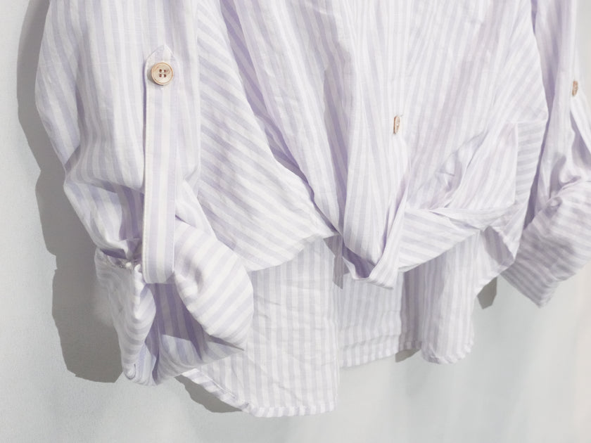 Cider Button Up Shirt Womens Large Lavender White Striped Twist Front Roll Tab