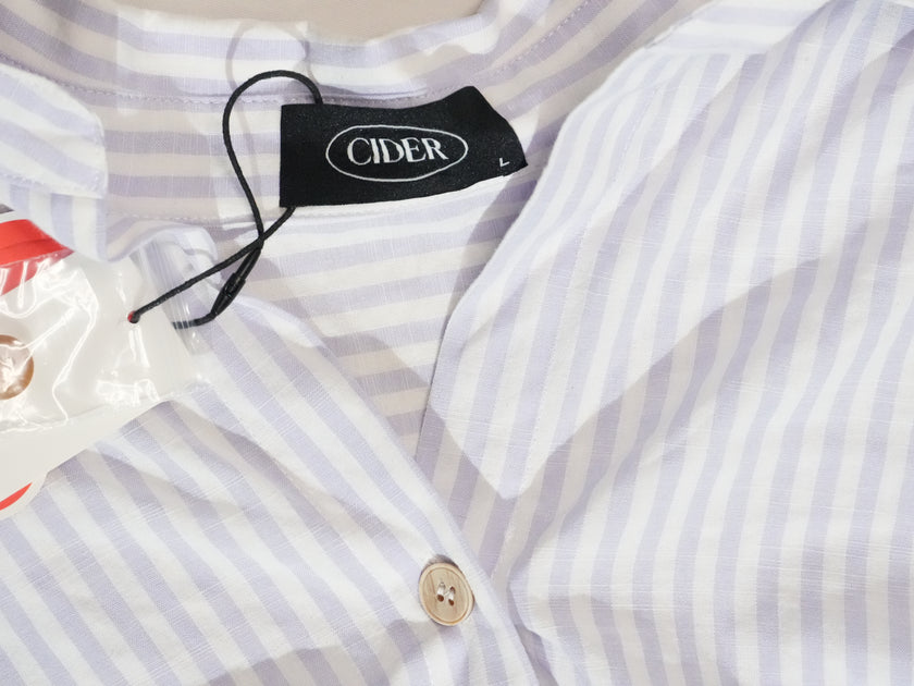 Cider Button Up Shirt Womens Large Lavender White Striped Twist Front Roll Tab