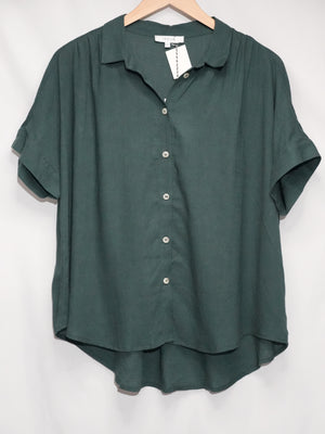 Green Linen Short Sleeve Button Down Shirt Women Large