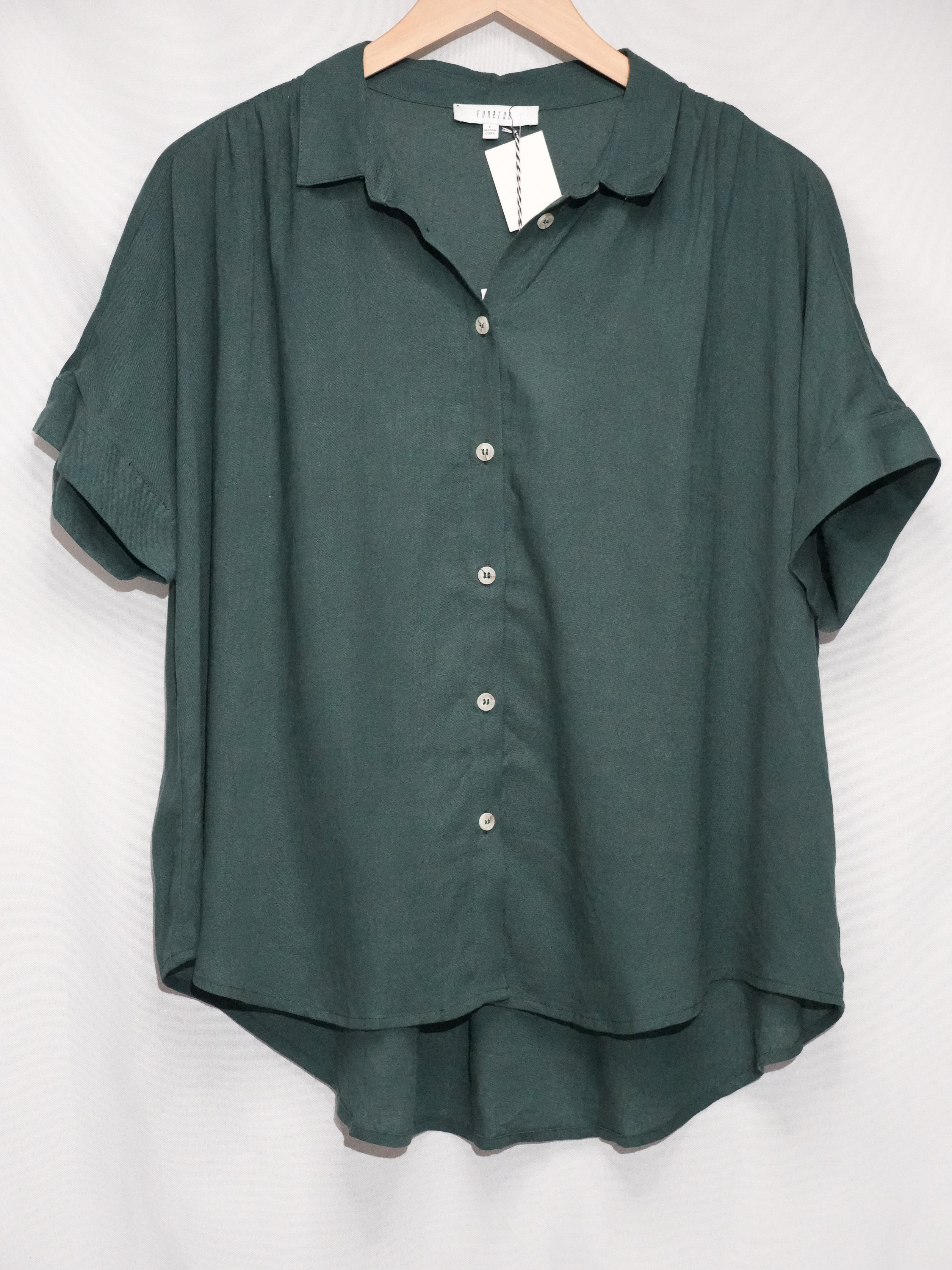 Green Linen Short Sleeve Button Down Shirt Women Large