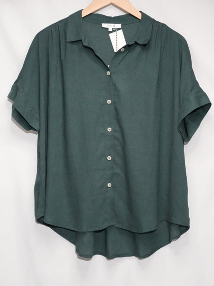Green Linen Short Sleeve Button Down Shirt Women Large