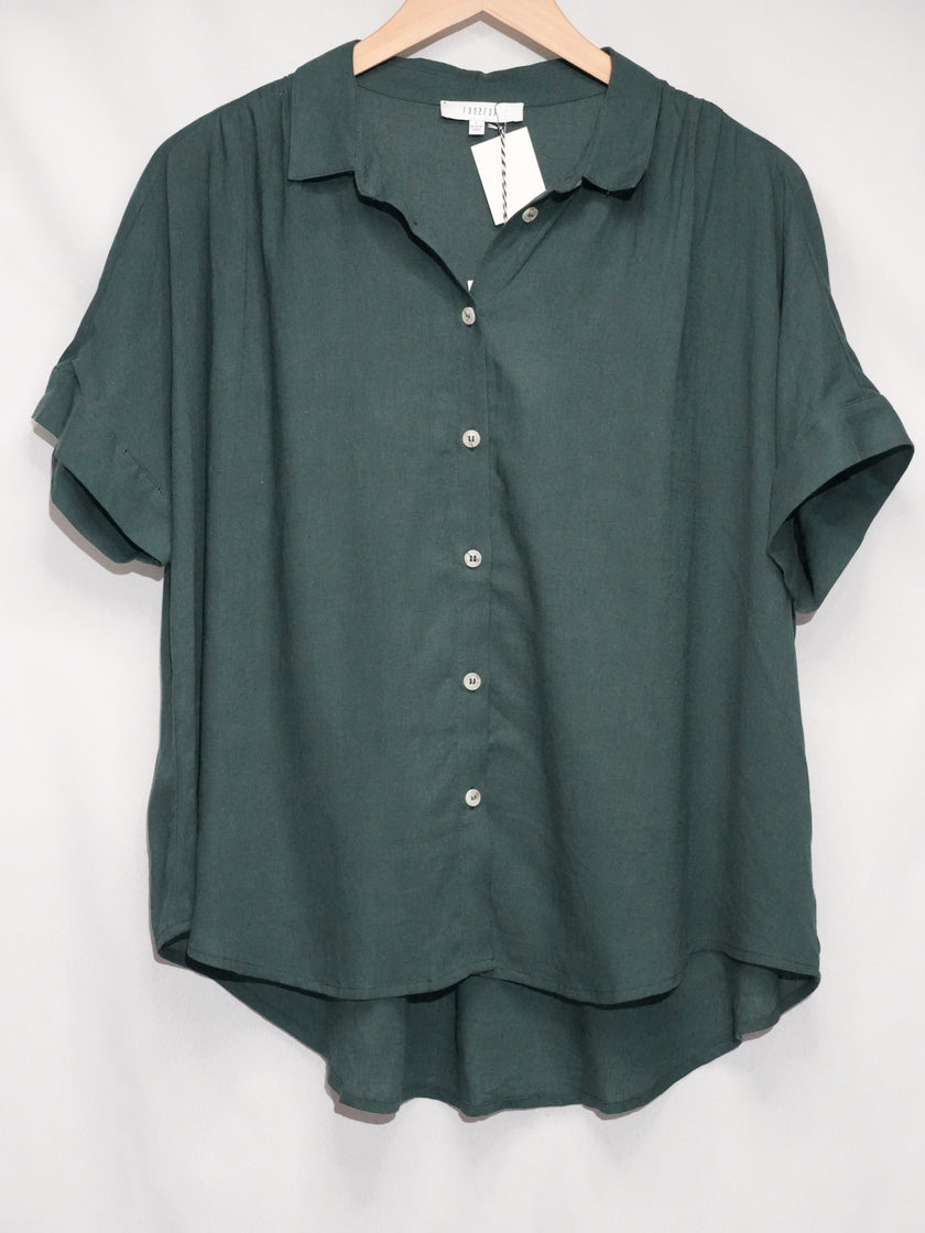 Green Linen Short Sleeve Button Down Shirt Women Large