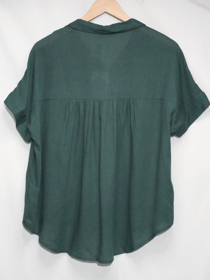 Green Linen Short Sleeve Button Down Shirt Women Large