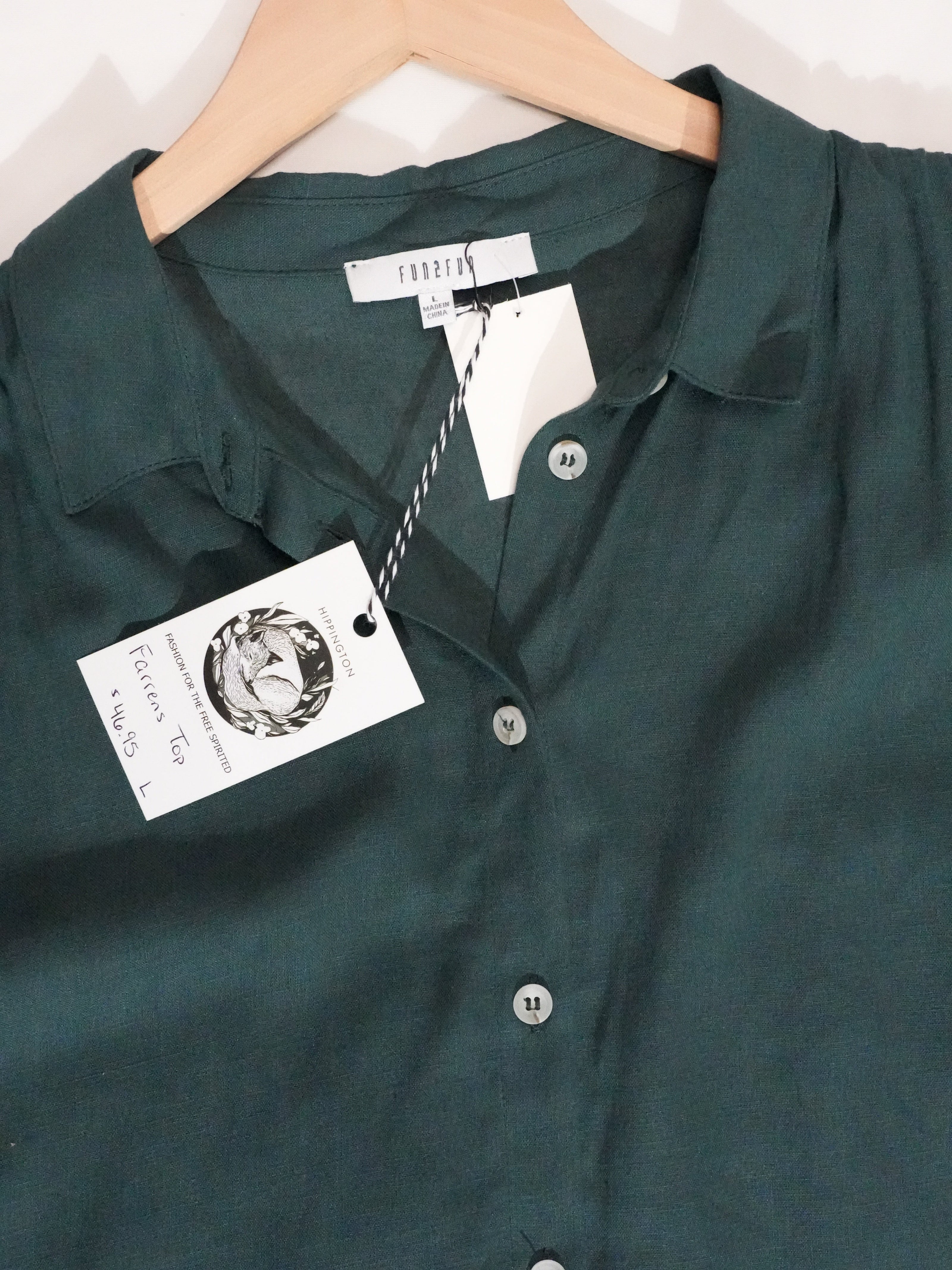 Green Linen Short Sleeve Button Down Shirt Women Large