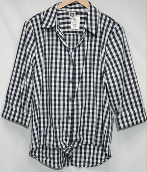Anne Klein Button Down Shirt Women Large Navy White Gingham Tie Front 3/4 Sleeve