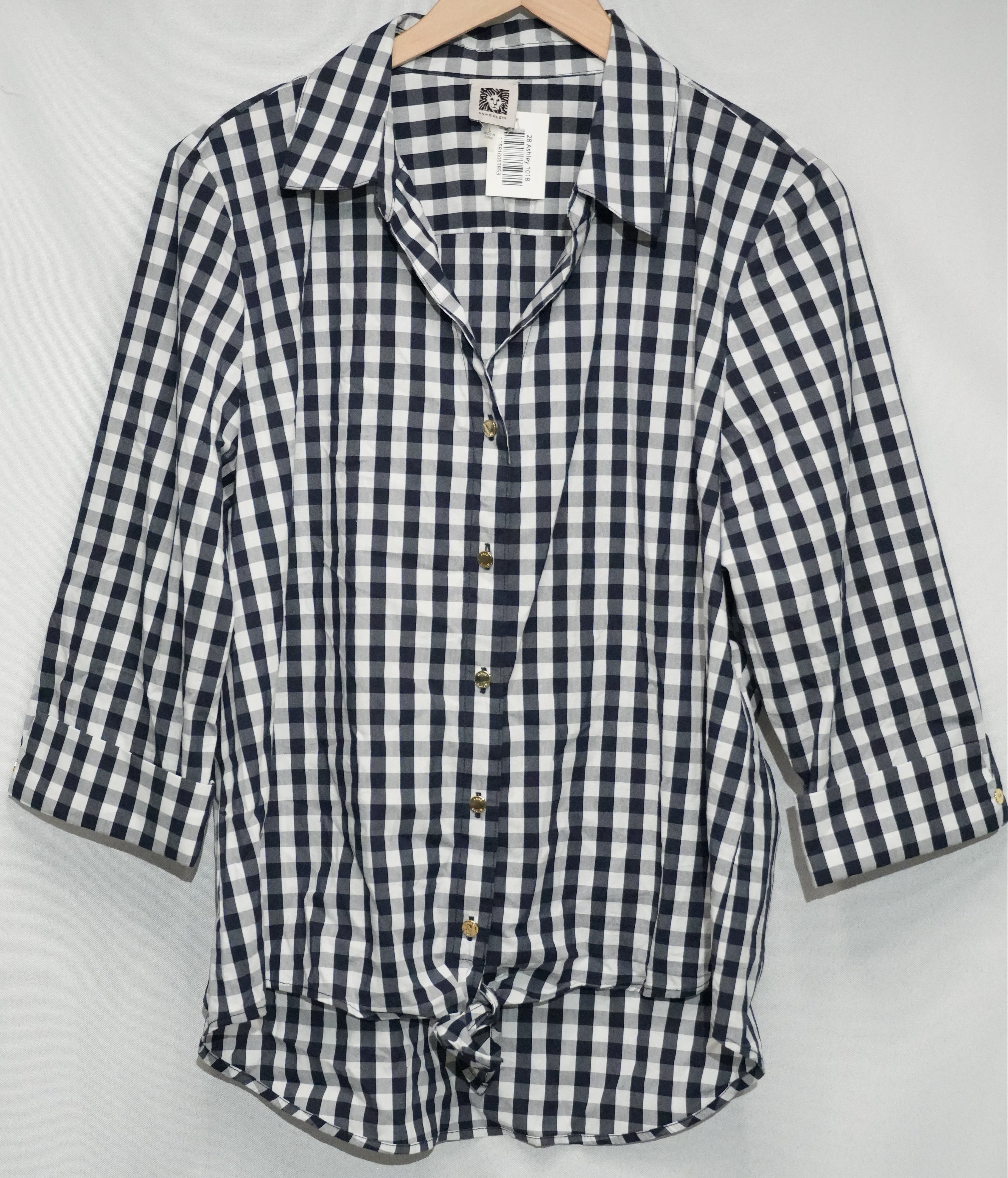 Anne Klein Button Down Shirt Women Large Navy White Gingham Tie Front 3/4 Sleeve