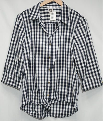 Anne Klein Button Down Shirt Women Large Navy White Gingham Tie Front 3/4 Sleeve