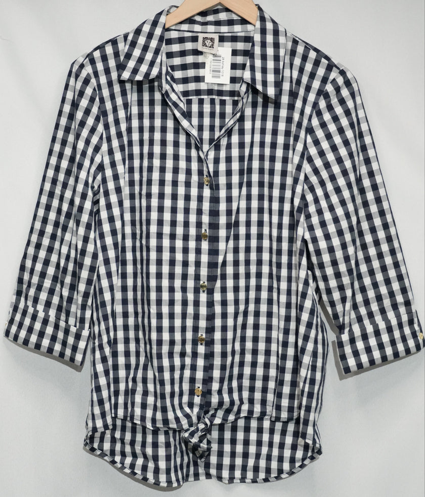 Anne Klein Button Down Shirt Women Large Navy White Gingham Tie Front 3/4 Sleeve