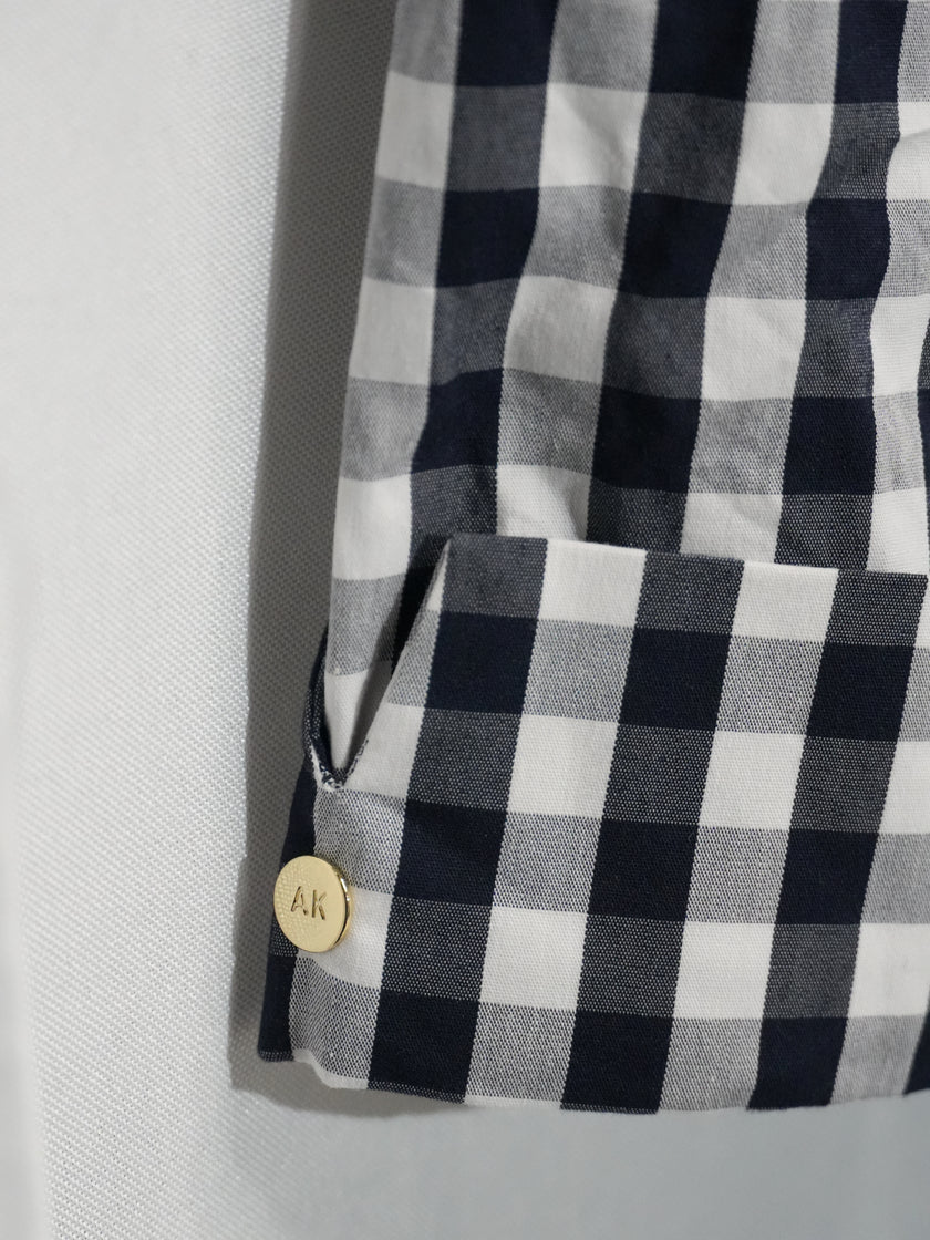 Anne Klein Button Down Shirt Women Large Navy White Gingham Tie Front 3/4 Sleeve