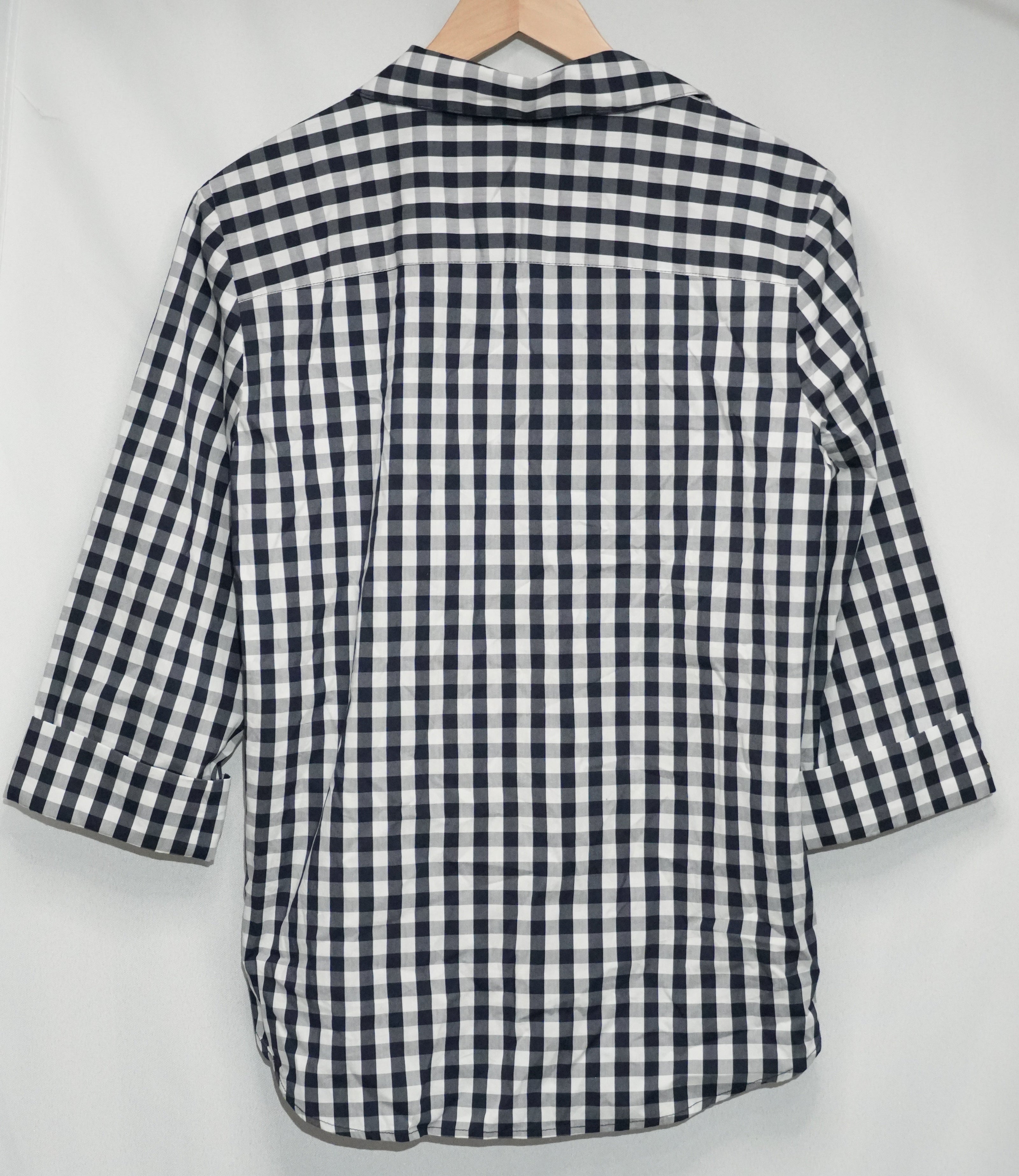 Anne Klein Button Down Shirt Women Large Navy White Gingham Tie Front 3/4 Sleeve