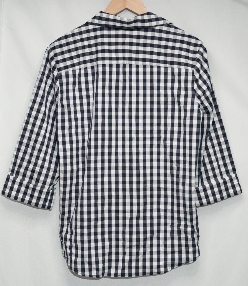 Anne Klein Button Down Shirt Women Large Navy White Gingham Tie Front 3/4 Sleeve