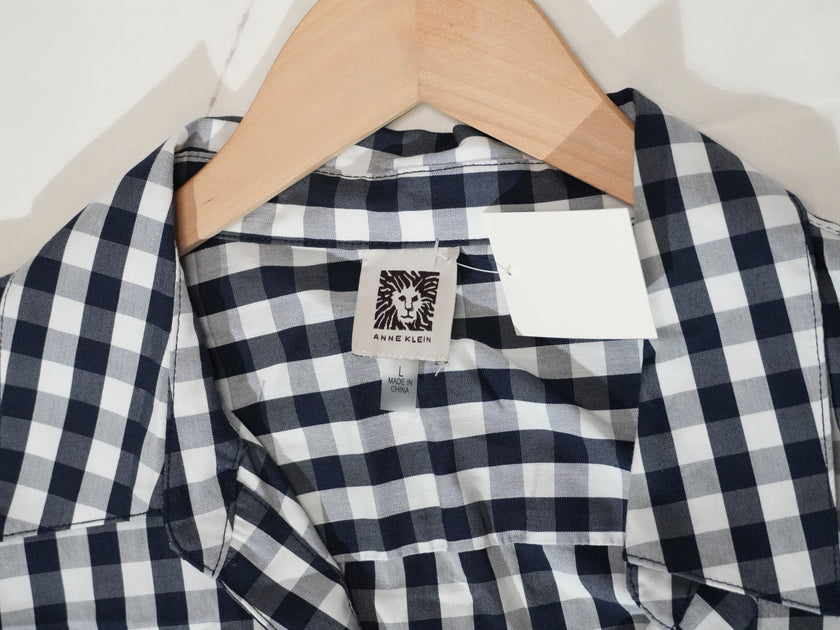 Anne Klein Button Down Shirt Women Large Navy White Gingham Tie Front 3/4 Sleeve