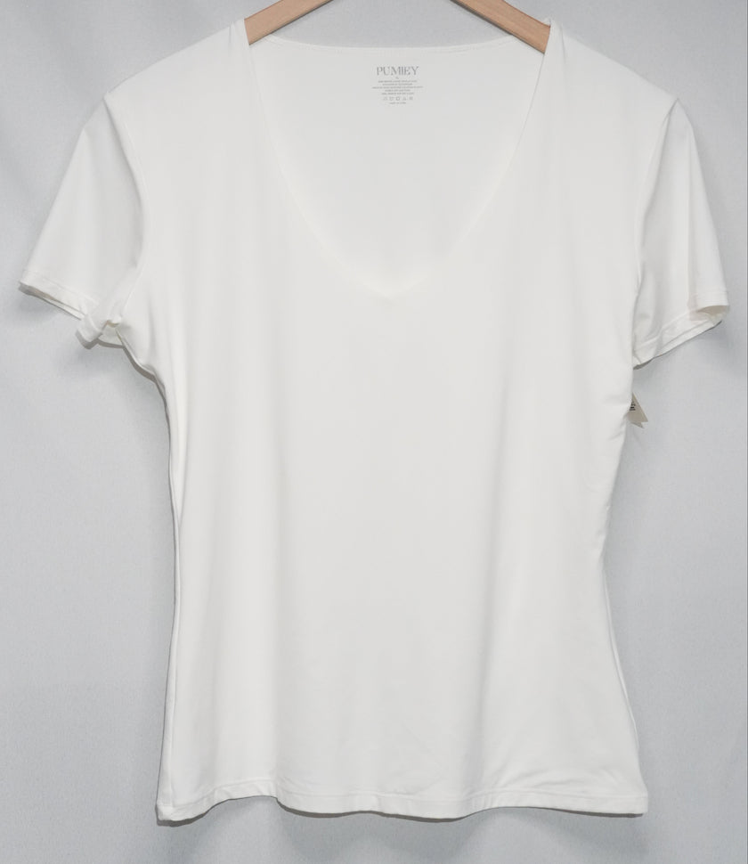 PUMIEY V-Neck T-Shirt Women Extra Large White Short Sleeve Stretch Top