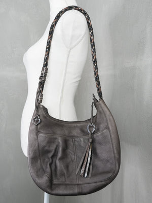 Brighton Hobo Bag Women Large Pewter Metallic Leather Braided Strap Tassel Heart