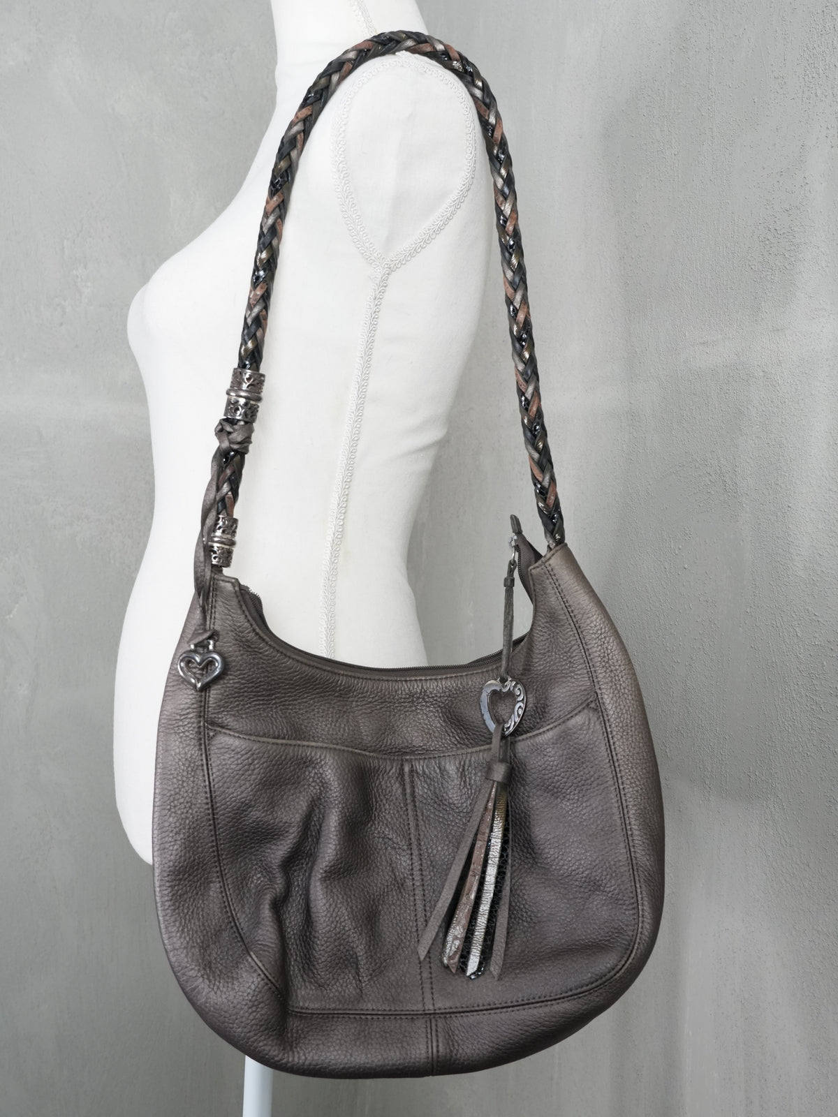 Brighton Hobo Bag Women Large Pewter Metallic Leather Braided Strap Tassel Heart