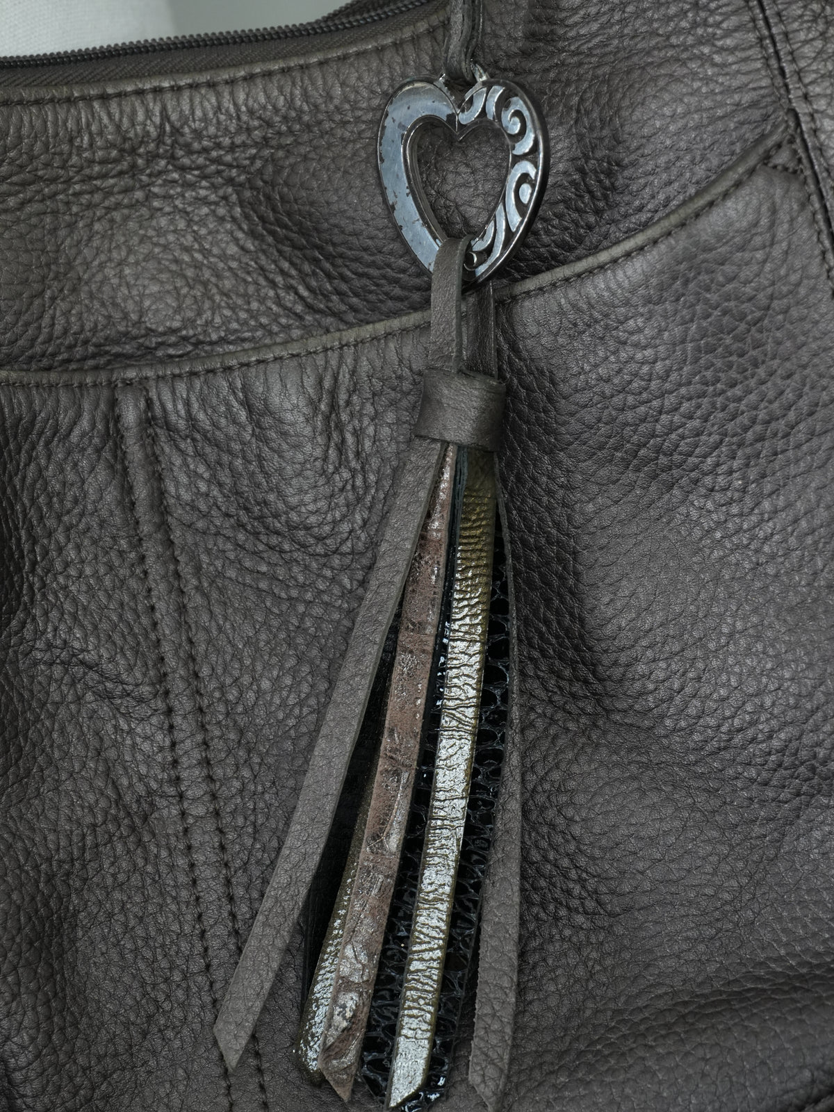 Brighton Hobo Bag Women Large Pewter Metallic Leather Braided Strap Tassel Heart