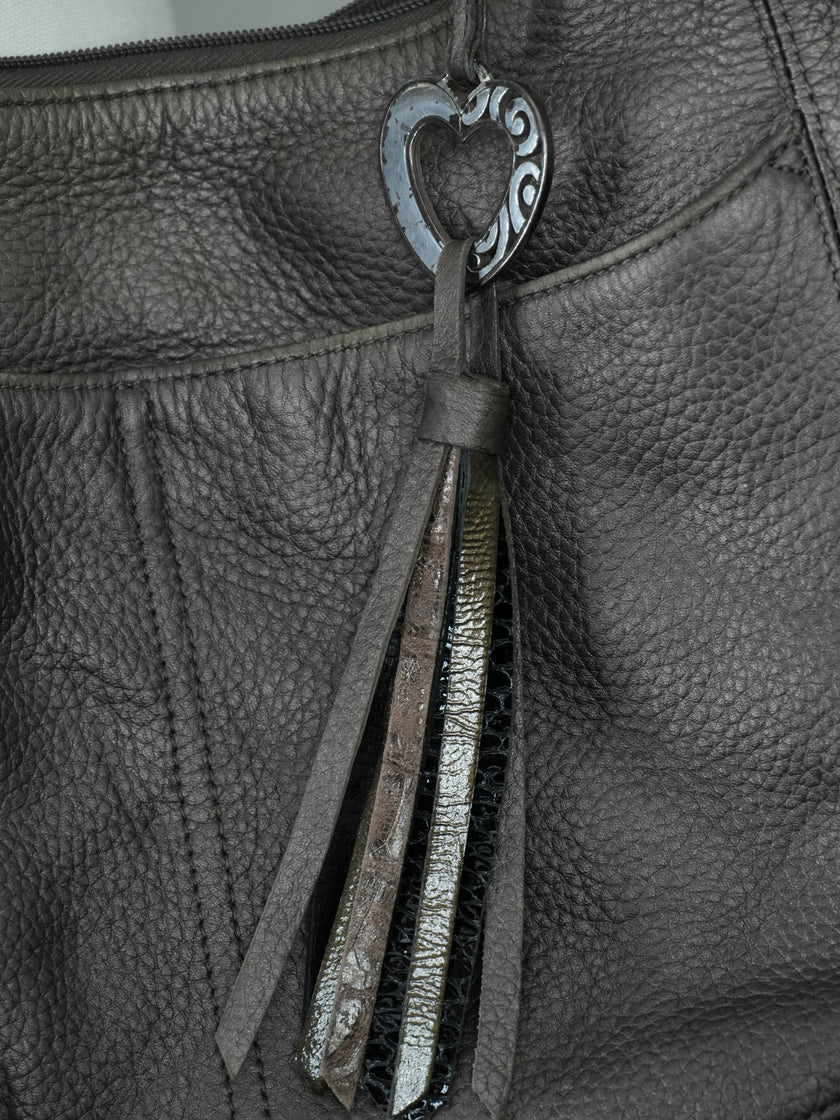 Brighton Hobo Bag Women Large Pewter Metallic Leather Braided Strap Tassel Heart
