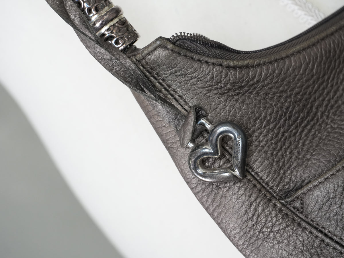 Brighton Hobo Bag Women Large Pewter Metallic Leather Braided Strap Tassel Heart