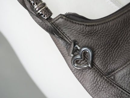 Brighton Hobo Bag Women Large Pewter Metallic Leather Braided Strap Tassel Heart