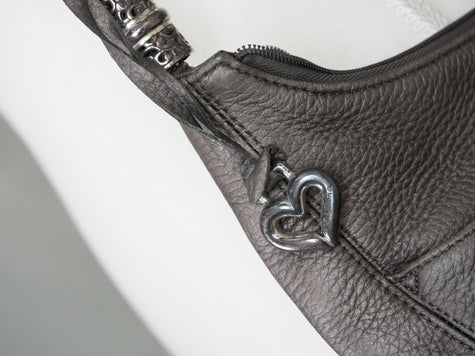 Brighton Hobo Bag Women Large Pewter Metallic Leather Braided Strap Tassel Heart