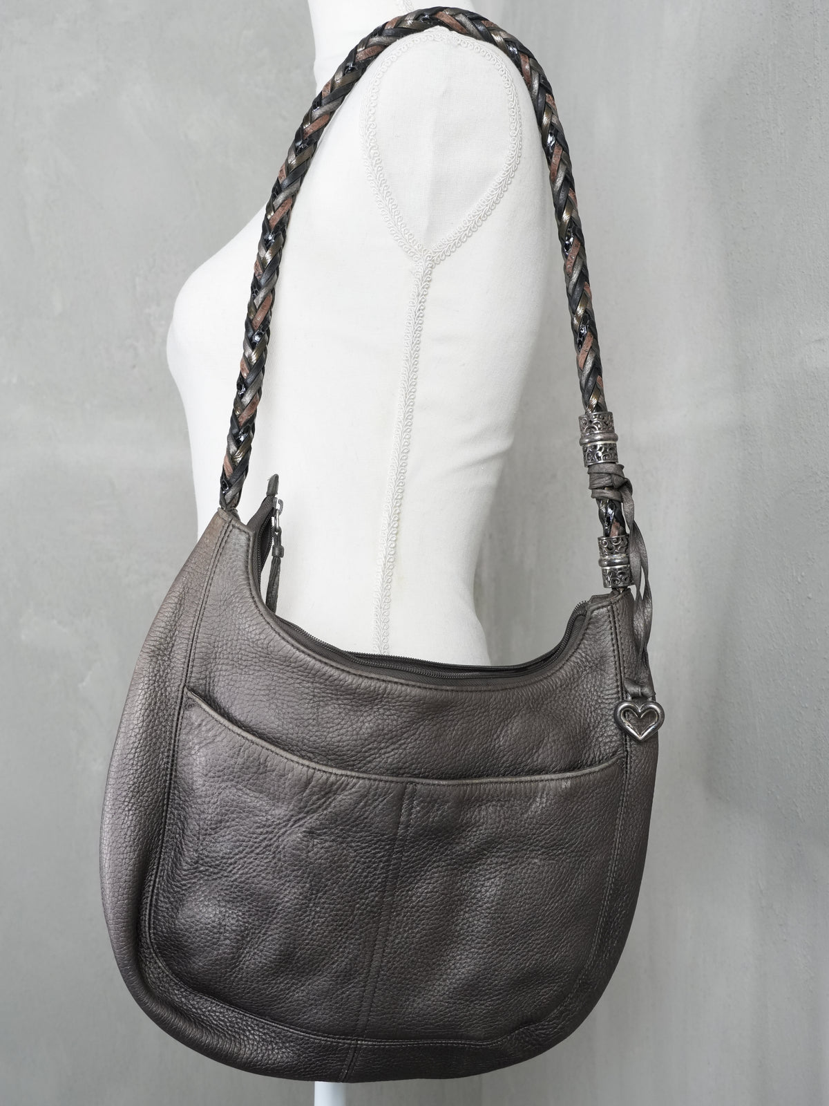 Brighton Hobo Bag Women Large Pewter Metallic Leather Braided Strap Tassel Heart