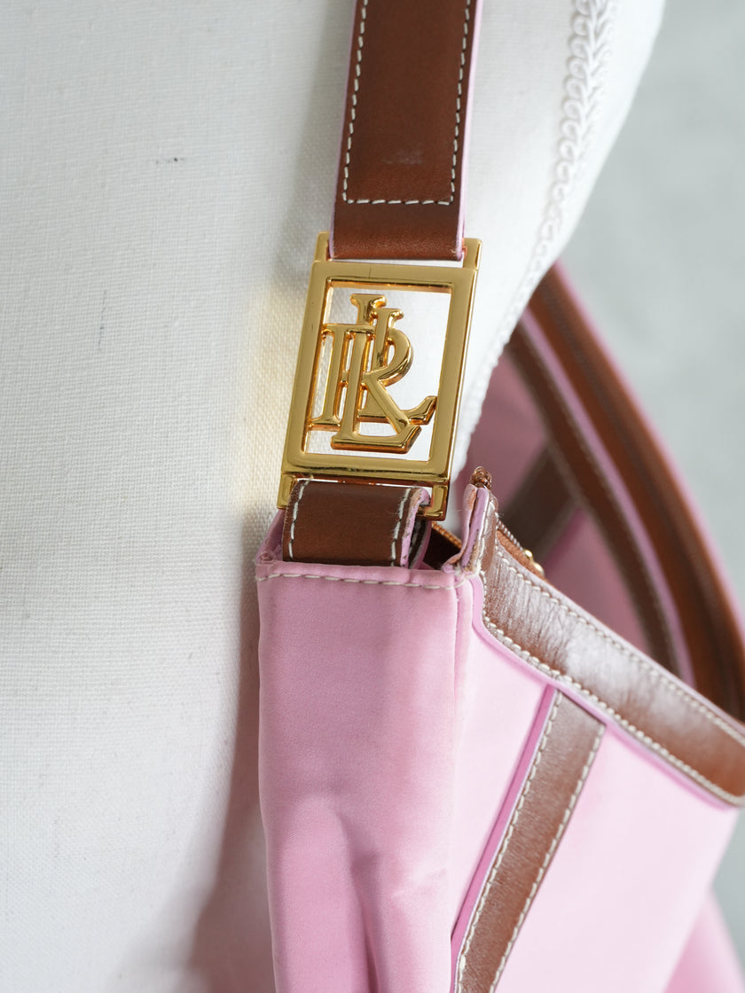 Lauren Ralph Lauren Hobo Bag Women Medium Pink Brown Leather Trim Nylon