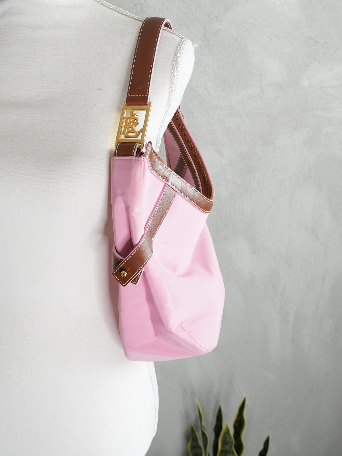 Lauren Ralph Lauren Hobo Bag Women Medium Pink Brown Leather Trim Nylon