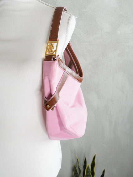 Lauren Ralph Lauren Hobo Bag Women Medium Pink Brown Leather Trim Nylon