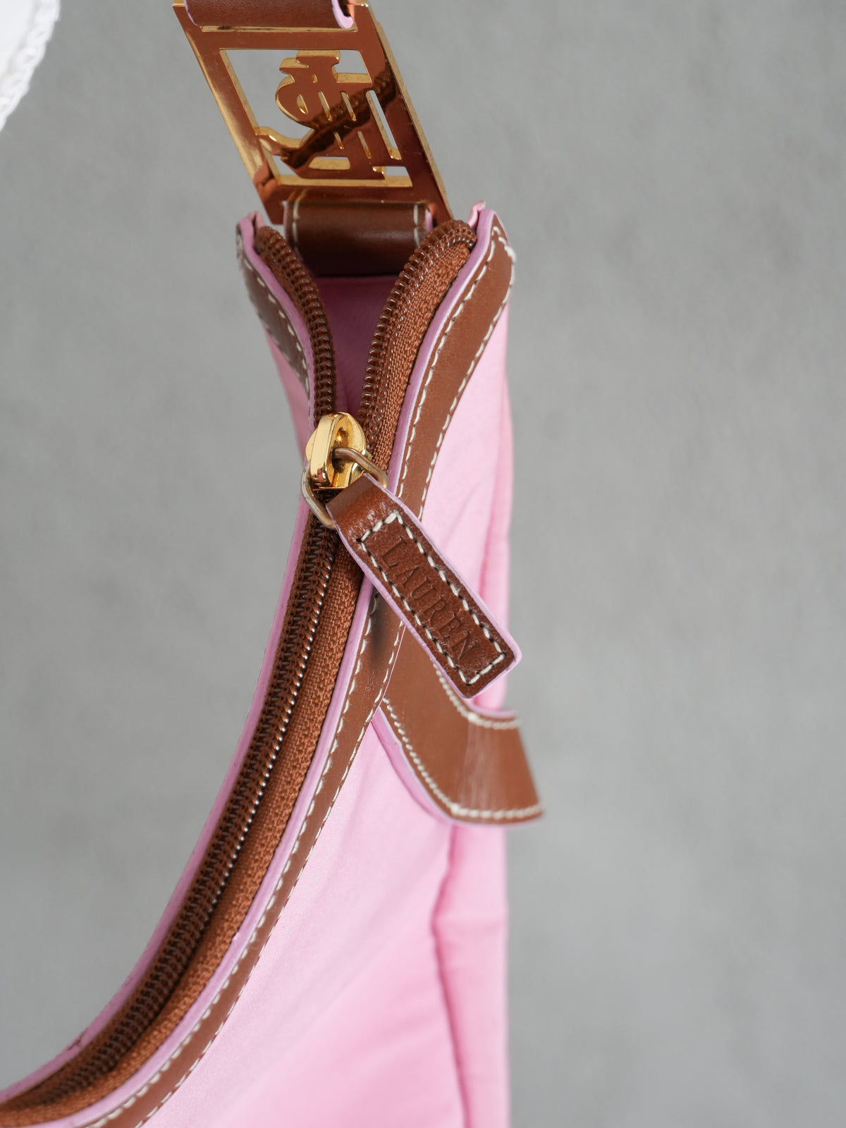 Lauren Ralph Lauren Hobo Bag Women Medium Pink Brown Leather Trim Nylon