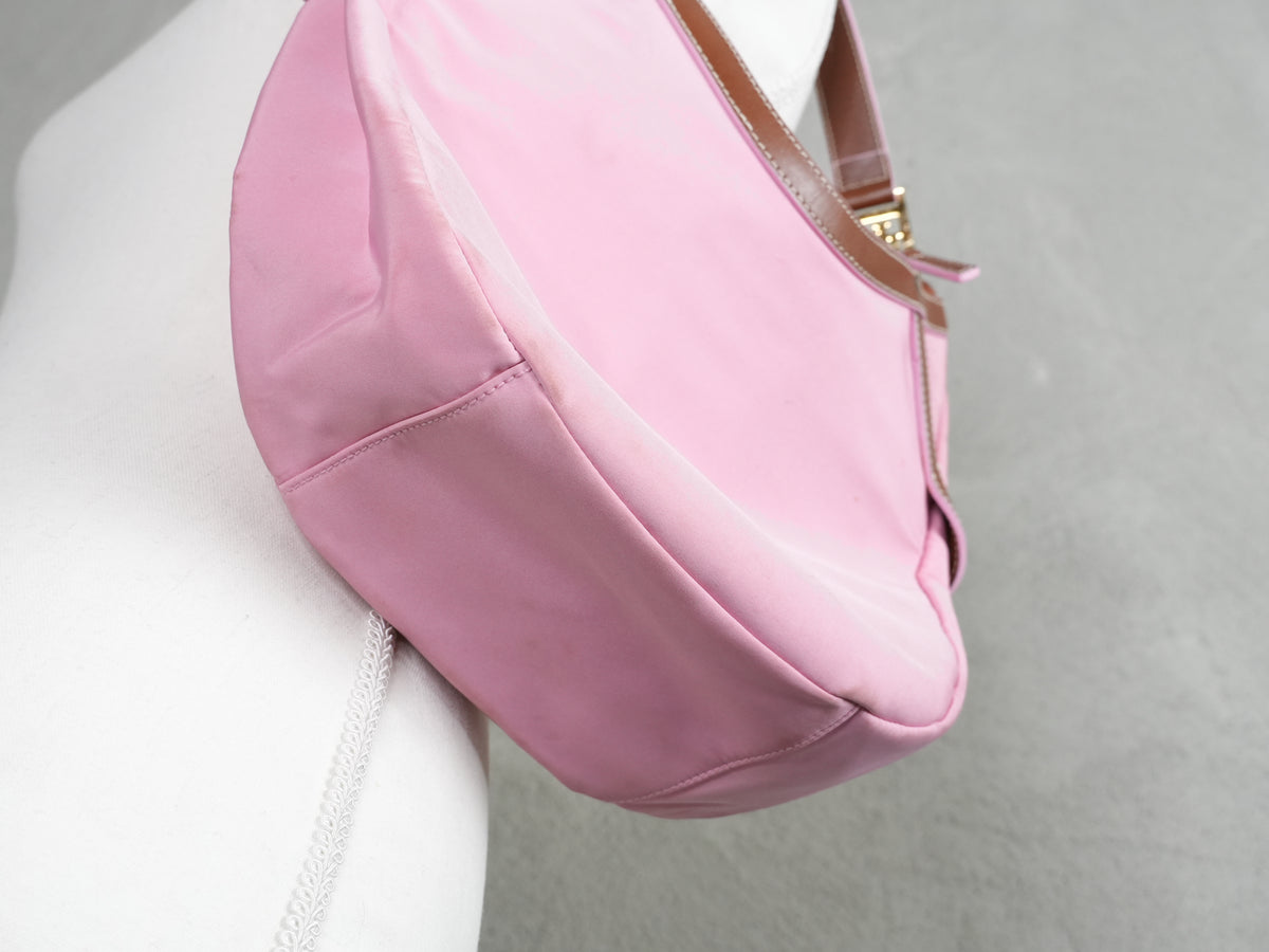 Lauren Ralph Lauren Hobo Bag Women Medium Pink Brown Leather Trim Nylon