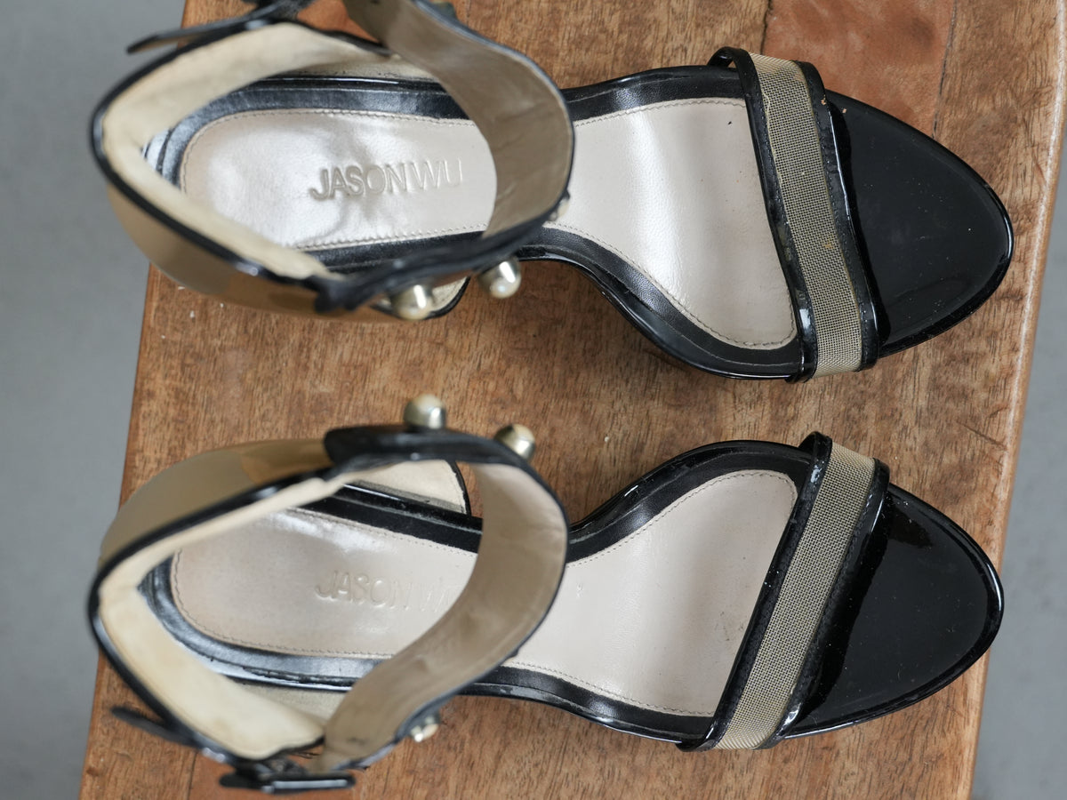 Jason Wu Platform Stiletto Sandals Womens Size 6.5 Beige Black Vintage Y2K